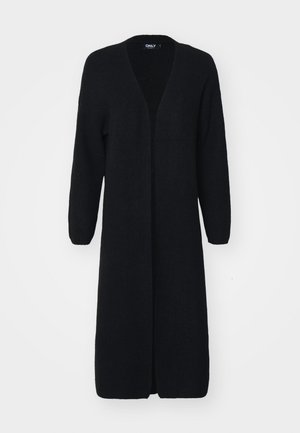 Cardigan lungo nero realizzato in tessuto a maglia testurizzato, con scollo a V, apertura frontale e maniche lunghe. Nessun fissaggio o motivo visibile.