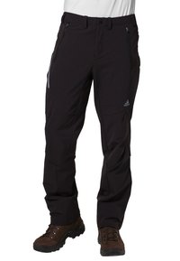Pantalons légers de plein air noirs en matériau extensible, avec plusieurs poches zippées et une ceinture ajustable pour un confort optimal.