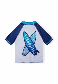 Kortärmad rash guard i ljusgrå och marinblå, med blå surfbräda grafik och texten "CALIFORNIA", samt kontrasterande krage och ärmar.
