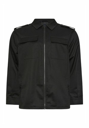 Giacca nera a maniche lunghe con zip frontale, due tasche con patta sul petto, spalline con bottoni e colletto appuntito.