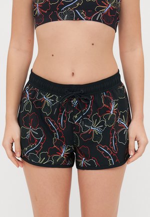 Zwarte zwembroek met een bloemenpatroon in rood, groen en blauw. Heeft een elastische tailleband met een trekkoord. Korte snit. Zachte textuur.