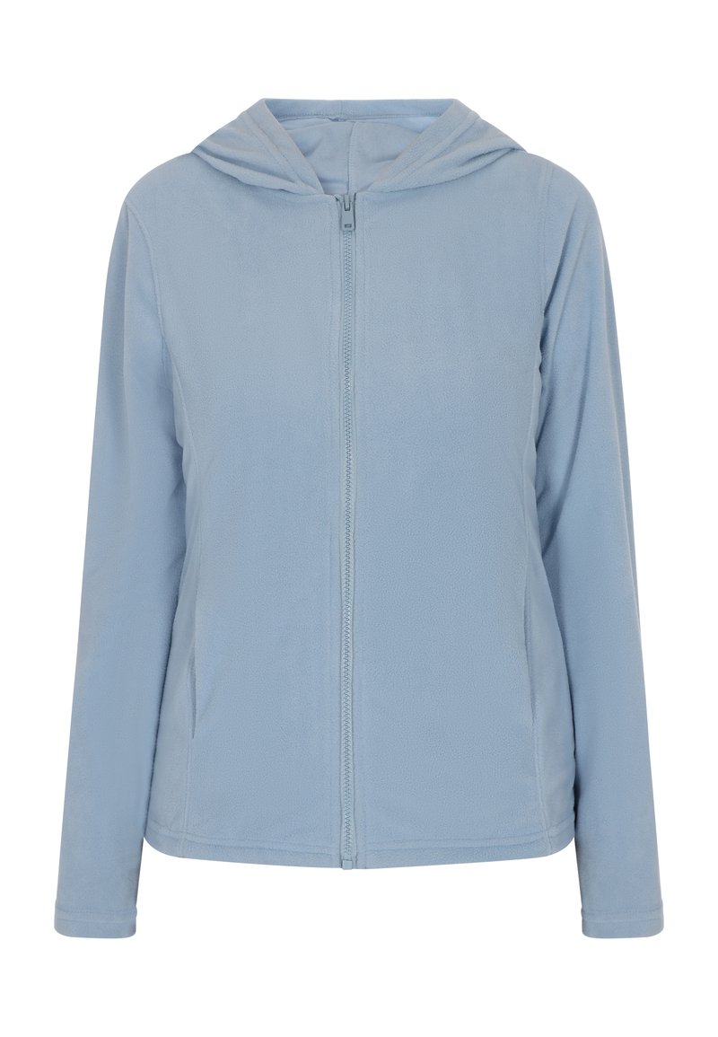Giacca blu chiaro in pile, con zip e cappuccio, caratterizzata da maniche lunghe, una texture morbida e due tasche laterali.
