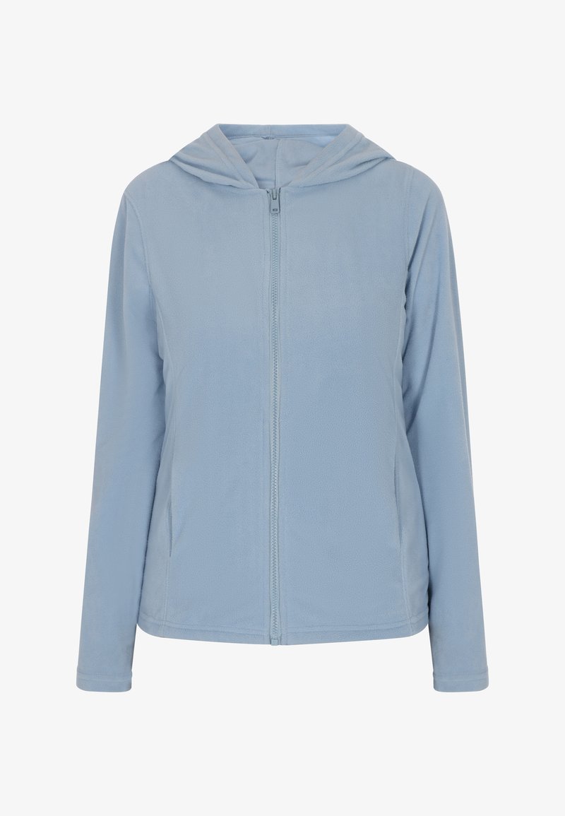 Giacca blu chiaro in pile, con zip e cappuccio, caratterizzata da maniche lunghe, una texture morbida e due tasche laterali.