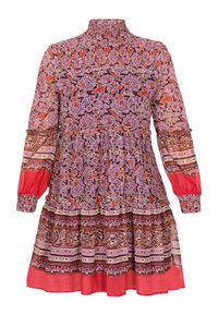 Rochie lungă cu mâneci lungi, cu model floral, guler înalt, bust elastic și fustă în straturi, în nuanțe de mov, roșu și marron.