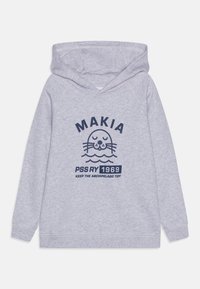 Felpa con cappuccio grigia chiara caratterizzata da una grafica blu navy con un sigillo e testo. Tessuto morbido con design rilassato e cappuccio regolabile.