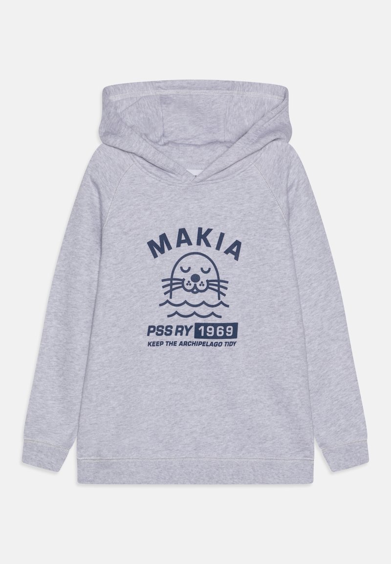 Felpa con cappuccio grigia chiara caratterizzata da una grafica blu navy con un sigillo e testo. Tessuto morbido con design rilassato e cappuccio regolabile.