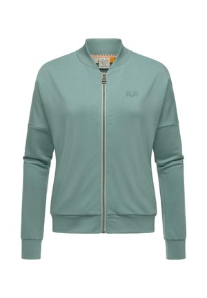 Light green zip-up jacket made of soft fabric with a ribbed collar, long sleeves, and a small embroidered logo on the chest.