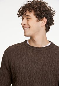 Tummanruskea kaapekudottu villapaita, jossa on pyöreä pääntie ja resorit, puettuna valkoisen paidan päälle, sisältäen teksturoidun, pehmeän kankaan.