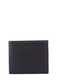 Portafoglio in pelle nera con una superficie liscia, design a doppia piega, cuciture sottili e un piccolo logo in rilievo nell'angolo anteriore.