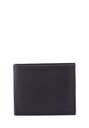 Black leather wallet with a smooth texture, bi-fold design, subtle stitching, and a small embossed logo on the front corner.