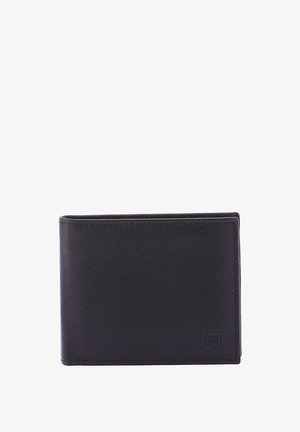 Black leather wallet with a smooth texture, bi-fold design, subtle stitching, and a small embossed logo on the front corner.