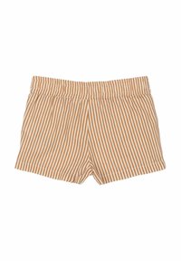 Randiga shorts i en tan- och vitfärgad palett, med ett elastiskt midjeband och en mjuk tygliknande textur.