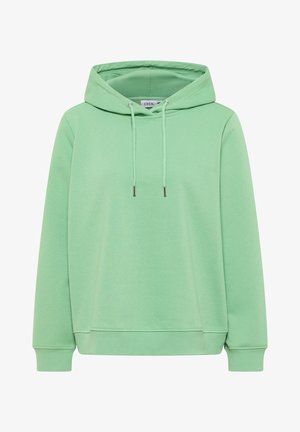 Jasnozielona bluza z kapturem z miękkiej tkaniny bawełnianej, z regulowanym kapturem, kieszenią z przodu oraz ściągaczami przy rękawach i dolnej krawędzi, zapewniająca swobodny krój.