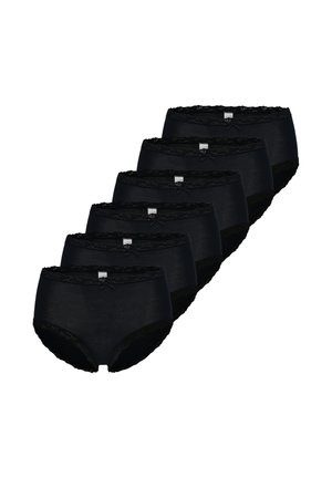 Six black women's briefs with lace trim and small front bow, arranged in a staggered row on a white background.