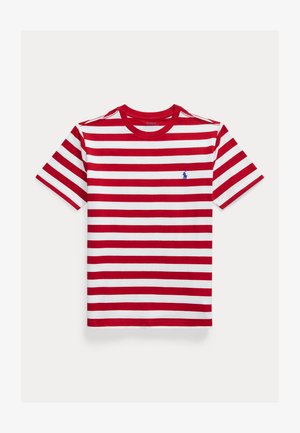 Rot-weiß gestreiftes T-Shirt aus Baumwolle mit kurzen Ärmeln und Rundhalsausschnitt. Kleines blaues Logo auf der linken Brust.