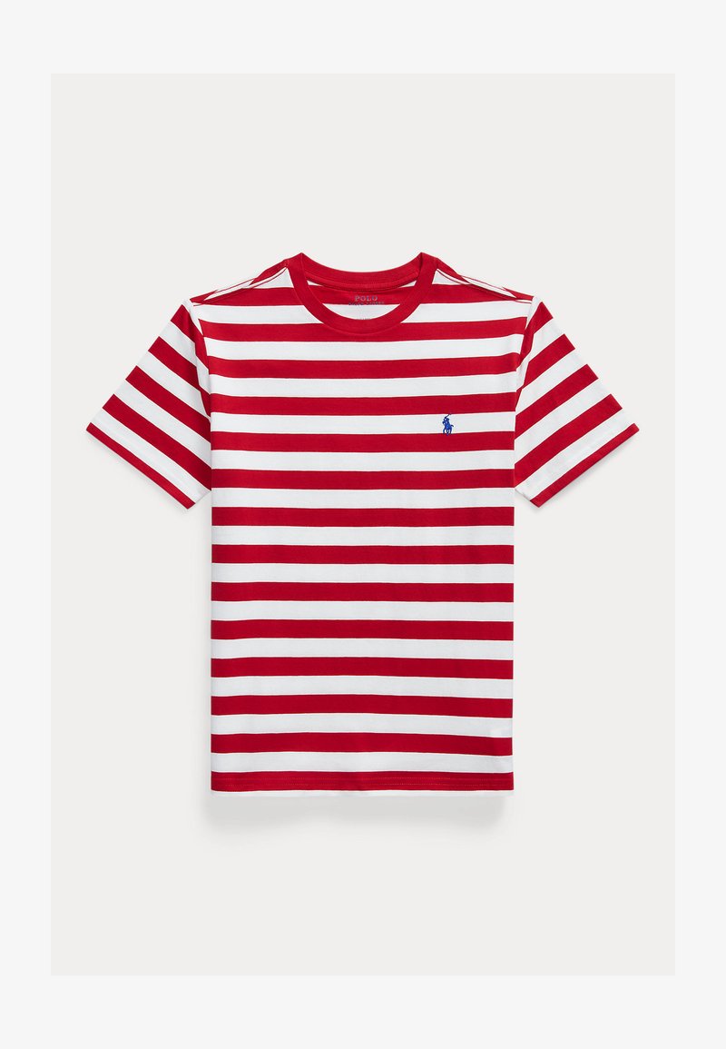 Czerwona i biała paskowana koszulka bawełniana z krótkimi rękawami i okrągłym dekoltem. Małe niebieskie logo na lewej piersi.
