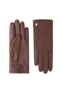 Braune Lederhandschuhe mit einem Krokodilmuster auf einem Handschuh und einer glatten Textur auf dem anderen, mit einem kleinen goldenen Logo-Akzent.