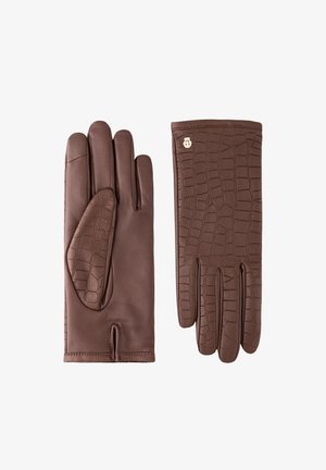 Brown leather gloves featuring a crocodile pattern on one glove and smooth texture on the other, with a small gold logo accent.