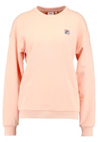 Lichtroze fleece sweater met een ronde hals, geribbelde manchetten en zoom, voorzien van een klein logoplaatje op de linkerbovenborst.