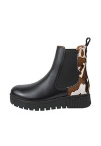 Stivale alla caviglia in pelle nera con pannelli elastici laterali, caratterizzato da un pattern in pelle di mucca sul retro e una suola nera spessa e robusta.