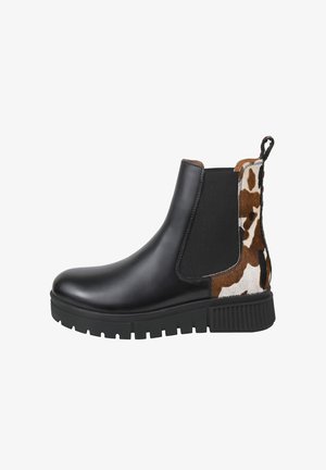 Schwarze Lederstiefelette mit elastischen Seitenranzen, hinten mit einem Rindsleder-Muster ausgestattet und einer dicken, robusten schwarzen Sohle.