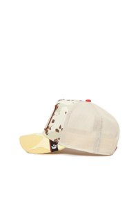 Trucker cap with a cream base, brown camo pattern, mesh back, and yellow visor. Features a navy logo and red button on top.
