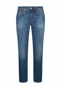 Jeans de mezclilla azul oscuro con un diseño de pierna recta, que presentan cinco bolsillos, un ligero desgastado y costuras en color naranja que acentúan las costuras.