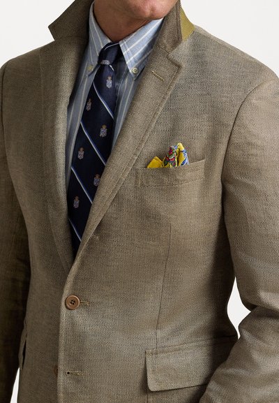 Hnědý blazer s herringbone vzorem a klopami, s béžovými akcenty, nošený přes světle modrou pruhovanou košili. Obsahuje modro-zlatou kravatou a kapesníček.
