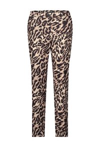 Spodnie w panterkę w kolorze beżowym i czarnym, o dopasowanym kroju, z pasem na guziki oraz prostymi nogawkami. Teksturowana tkanina.