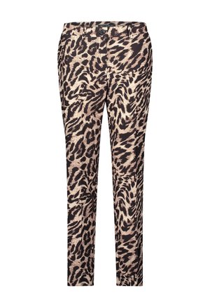 Leopard print trousers in beige and black, featuring a fitted design, waistband with a button closure, and straight legs. Textured fabric.