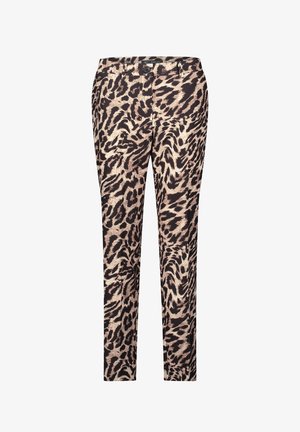 Leopardenmuster-Hosen in Beige und Schwarz, mit einer figurbetonten Passform, einem Bund mit Knopfverschluss und geraden Beinen. Strukturiertes Material.