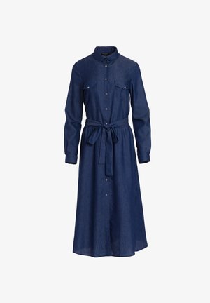 Sukienka koszulowa z denimu, ciemnoniebieska, z długimi rękawami, kołnierzykiem, dwoma kieszeniami na piersiach, z guzikami z przodu, paskiem w talii, w kształcie litery A, miękka w dotyku.