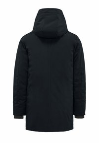 Sort pufferjakke med hætte, der har en lige skæring, elastiske mansjetter og en glat mat overflade.
