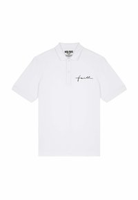 Witte polo-shirt van katoen met een drieknops sluiting, korte mouwen en een zwart cursief 'faith' geborduurd op de borst.