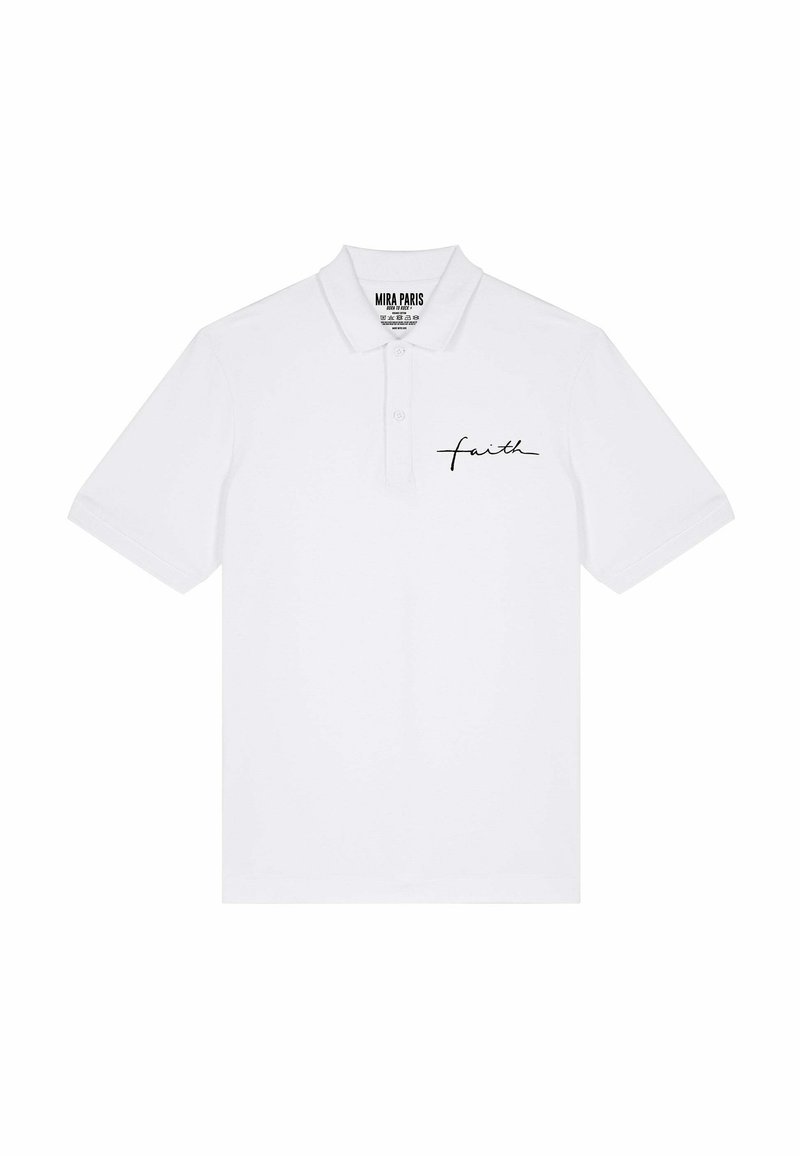 Witte polo-shirt van katoen met een drieknops sluiting, korte mouwen en een zwart cursief 'faith' geborduurd op de borst.