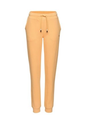 Pantalones deportivos de color naranja claro con cintura elástica, cordón, bolsillos delanteros y puños acanalados en los tobillos.