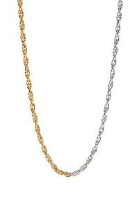 Naszyjnik z łańcuszka ze skręcanych ogniw w kolorze złota i srebra, z na przemian ułożonymi ogniwami z polerowanego złotego i srebrnego metalu, o gładkiej, lustrzanej powierzchni.