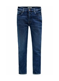 Jeans en denim bleu foncé avec une coupe droite, style cinq poches et légère décoloration à l'avant pour plus de texture.