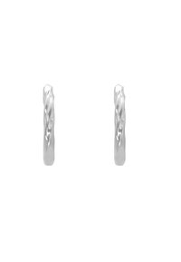 Orecchini a cerchio in argento con design attorcigliato, superficie liscia e finitura lucida. Leggeri e di forma circolare.