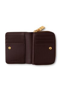 Dark brown leather wallet open to show multiple card slots, a snap button compartment, and a gold zipper with branded pull tab.