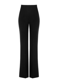 Pantaloni neri a vita alta con silhouette aderente, gambe svasate e due pieghe frontali, realizzati in tessuto morbido.