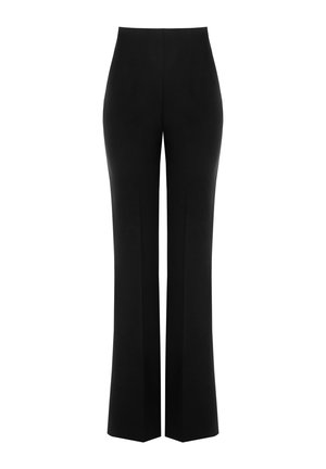 Pantaloni neri a vita alta con silhouette aderente, gambe svasate e due pieghe frontali, realizzati in tessuto morbido.