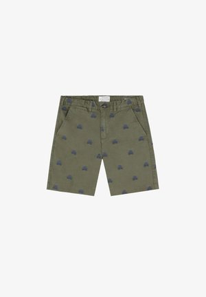 Oliwkowe bawełniane szorty z niebieskim haftem czaszki i skrzyżowanych kości. Posiadają tylną kieszeń oraz metalową metkę marki na pasku.