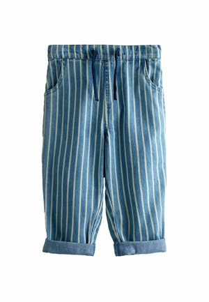Pantalon en jean rayé vertical bleu et blanc, avec poignets retournés, taille élastique, cordon de serrage et poches avant.