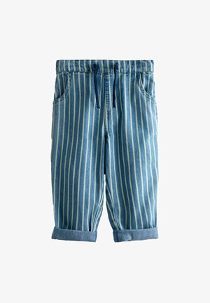 Blå og hvide denim bukser med lodrette striber, op-rullede manchetter, elastisk talje, snøre og forlommer.