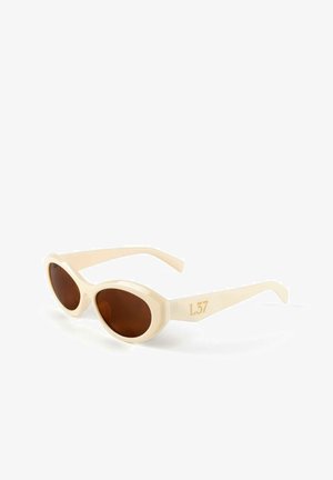 Cream plastic sunglasses with oval lenses and brown tint. Features a subtle design, numbered L37 in gold on the temple.