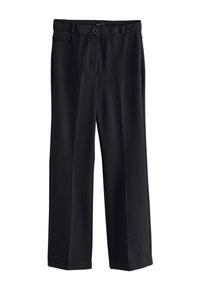 Black trousers made from a smooth, lightweight fabric. Features a button closure, two front pockets, and a straight-leg design.