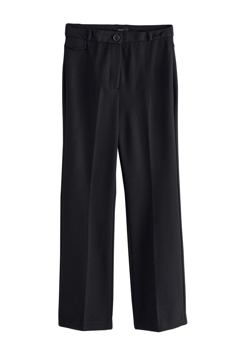 Black trousers made from a smooth, lightweight fabric. Features a button closure, two front pockets, and a straight-leg design.
