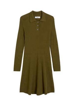 Rippiertes, langärmliges Kleid in Olivgrün mit einem Kragen und einer dreiknöpfigen Knopfleiste, das sanft von der Taille aus ausgestellt ist.