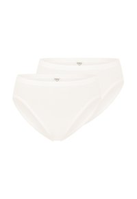 Mutande in cotone bianco, design a vita alta, texture liscia, con un logo del marchio discreto sull'elastico in vita. Include due paia.